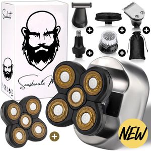 6-in-1 Scheerapparaat Mannen + Extra Scheerkop – Trimmer - Tondeuse - Sansbeauté® Skull Sharp Platinum - Electric Face & Head Shaver - Hoofd Kaal Scheren – Nat & Droog - Elektrisch