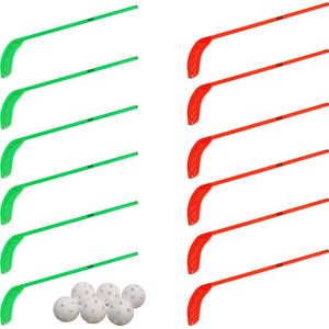 MDsport - Unihockey sticks - Floorball sticks - Kunststof hockeysticks - Set van 12 + 6 ballen - Voortgezet Onderwijs - Groen / Rood