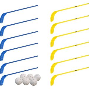 MDsport - Unihockey sticks - Floorball sticks - Kunststof hockeysticks - Set van 12 + 6 ballen - Voortgezet Onderwijs - Blauw / Geel