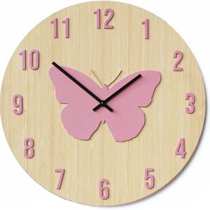 Phanti - Kinderklok - Dierenklok - Lokaal product - Handgemaakt - Vlinder - Bamboe/Staal - Roze - 43cm - Stil Europees uurwerk - Cadeau