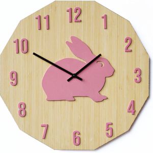 Phanti - Kinderklok - Dierenklok - Lokaal product - Handgemaakt - Konijn - Bamboe/Staal - Roze - 43cm - Stil Europees uurwerk - Cadeau