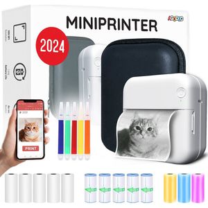 Mini Printer voor Mobiel - Fotoprinter voor Smartphone - Mini Pocket Printer - Mini Printer Incl.1 Harde Etui + 13 Rollen Papier (Sticker, Normaal, Kleur) + 5 Pennen - Pocket Printer Smartphone - Sticker Printer - Fotoprinter Mobiel