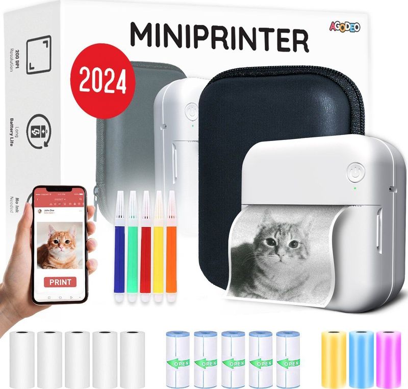 Agodeo - Mini Printer - Pocket Printer - 300 DPI - Inclusief Harde Etui en 13 Rollen Papier