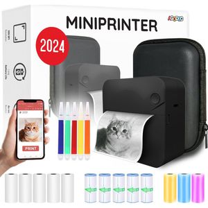 Mini Printer voor Mobiel - Fotoprinter voor Smartphone - Mini Pocket Printer - Mini Printer Incl.1 Harde Etui + 13 Rollen Papier (Sticker, Normaal, Kleur) + 5 Pennen - Pocket Printer Smartphone - Sticker Printer - Fotoprinter Mobiel