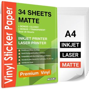 34 Matte Vinyl Stickervellen A4 Printer Paper - Stickerpapier Voor Printer - Incl. 2 Geschenkvellen - Inkjet & Laser Printer - Waterbestendig - Scheurbestendig - Sneldrogend - Sticker Printer Papier - Sticker Papier - Stickerpapier A4