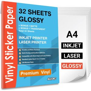 32 Glossy Vinyl Stickervellen A4 Printer Paper - Stickerpapier Voor Printer - Incl. 2 Geschenkvellen - Inkjet & Laser Printer - Waterbestendig - Scheurbestendig - Sneldrogend - Sticker Printer Papier - Sticker Papier - Stickerpapier A4