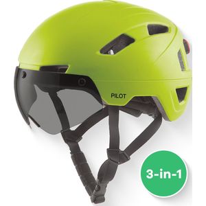 GOOFF® Pilot 3-in-1 Snorfiets Helm met Verlichting en Vizier - Speed Pedelec Fietshelm voor Volwassenen - NTA 8776 - Snorscooter Helm met LED Licht - Goedgekeurd voor Blauw Kenteken en E Bike - Dames en Heren - M - Fluor Geel