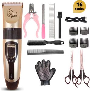 BeautyFit® - 16-delig Hondentondeuse set - Professionele Honden Trimset - Dieren Tondeuse voor dikke vacht - meest complete set - 4 Opzetkammen - Hondenschaar - Handschoen Borstel