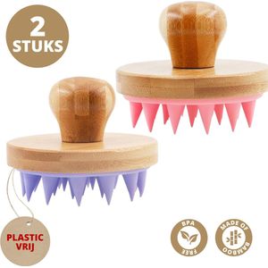 BeautyFit® - Scalp Massager Bamboe - 2 stuks - Inclusief E-book - Duurzaam - Anti roos - Shampoo Brush - Scalp Brush - Hoofdhuid Massage Borstels - Haargroei Versneller - Haargroei Producten - Haarborstel - Roze/Paars