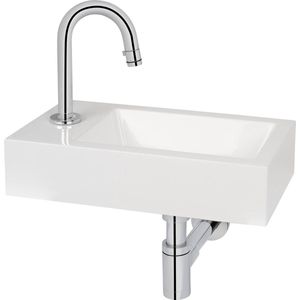 Saqu Square fonteinset met chromen kraan c-uitloop links wit mineraalmarmer