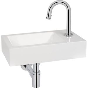 Saqu Square fonteinset met chromen kraan c-uitloop rechts wit mineraalmarmer