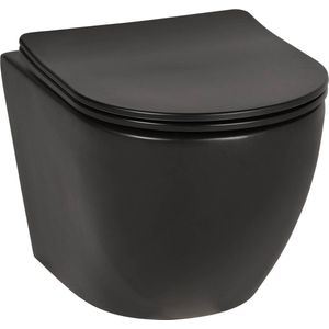 Saqu Please Compact Hangtoilet - met Softclose Toiletbril 36x48x32 cm - Voorgemonteerd - Mat Zwart - WC Pot - Toiletpot - Hangend Toilet