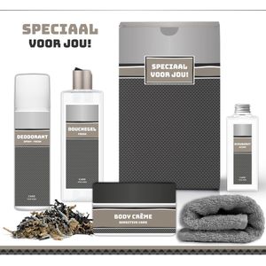 Geschenkset ""Speciaal voor jou!"" - 5 Producten - 750 Gram | Giftset voor hem - Luxe cadeaubox man - Douchegel - Deodorant - Bodycrème - Scrubzout - Vaderdag - Verjaardag - Wellness - Pakket - Cadeau set - Broer - Vriend - Collega - Antraciet - Zilver