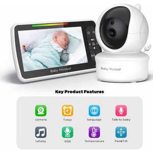 Babyfoon Met Camera - 5.0 Inch Scherm - Nederlands Display - Zonder Wifi en App - Temperatuursensor - Nachtzicht - Talk Back Functie - 8 Slaapliedjes -