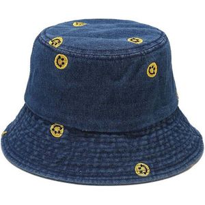 Bucket Hat Denim Smiley - Maat M Smile Hoed Spijker Zonnehoed Vissershoed - Blauw
