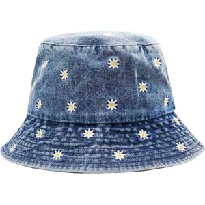 Bucket hat Denim - One Size Vissershoedje Bloemenprint Spijker Hoedje Madelief - Donkerblauw