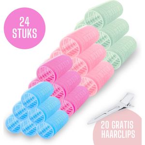 Krulspelden 24 stuks + 20 haarklemmen - 4 maten - Kleefrollers - Zelfklevende haarrollers - Heatless Curls - Haar krullen zonder hitte