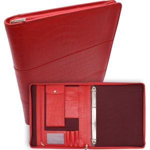 Parijs Leren Schrijfmap - Conferentiemap - Documentenmap A4 - Tablethoes & Laptopsleeve - Uitneembare Ringband -Rood Kroko