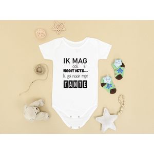 Hospitrix Baby Rompertje met Tekst Ik mag ook nooit iets... Ik ga naar mijn TANTE | Maat L 6-12 maanden | Korte Mouw | Cadeau voor Zwangerschap | Bekendmaking | Aankondiging | Aanstaande Moeder | Moederdag
