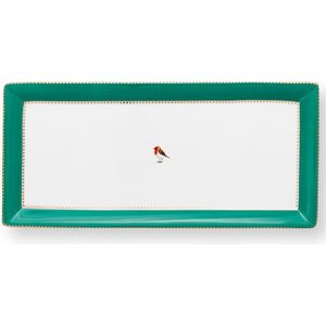 Pip Studio Love Birds Green - cakeschaal - serveerschaal - 33.3x15.5cm - rechthoekige schaal - roodborstje - groen