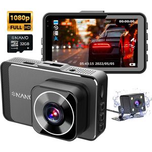 Nanocam M19 32gb dashcam voor auto met achter camera - Full HD + Vga resolutie - Parkeerbeveiliging - 32gb MicroSD - Zuignap en sticker houder - 170 graden kijkhoek - Nachtzicht - 3.0 inch IPS LCD scherm