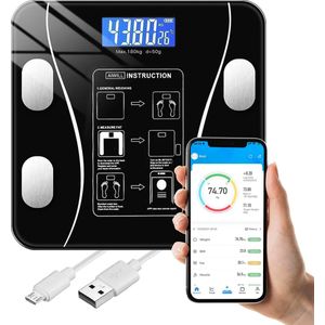 Weegschaal - Personenweegschaal Digitaal - Zwart - Slimme Weegschaal met Lichaamsanalyse - Precisie Weegschaal - Step-On Technology - Incl. Ap