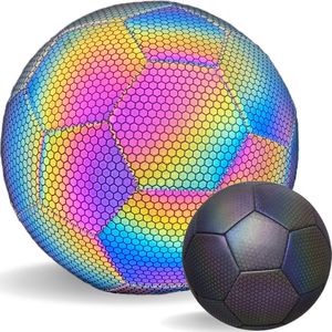 Lichtgevende Voetbal + Ballenpomp Naald & Ballennet - Glow In The Dark Bal - Bright Colors - Reflecterend - Holografisch - Maat 5 - Kinderen en Volwassenen - Kerstcadeau