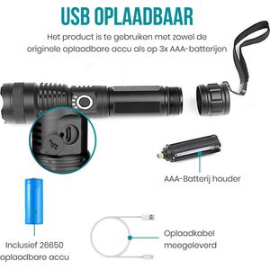 Zaklamp - Zaklantaarn - Militaire zaklamp - Life Hammer - Outdoor - Beveiliging - Kamperen - LED - USB - Accu - Dimbaar - Waterdicht