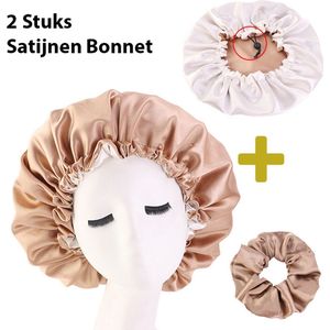 2 STUKS Satijnen Bonnet + Scrunchie - Satijnen Slaapmuts - Bonnet voor Krullen - Haar Bonnet - Hair Bonnet - Satin Bonnet - Afro - Unisex - Kaki