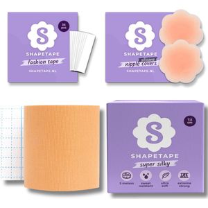 Shapetape Boob Tape met Silicone Nipple covers en Fashion tape - Boob Tape (7.5 cm breed) - 5 meter lang - Huidskleur - Boobtape - BH Tape - Plak BH - Tepelstickers - Tepelcovers - Borst tape - tepelplakkers - bh accessoires