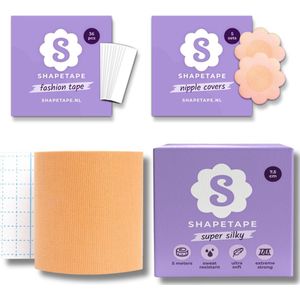 Shapetape Boob Tape met 10 Nipple covers en Fashion tape - Boob Tape (7.5 cm breed) - 5 meter lang - Huidskleur - Boobtape - BH Tape - Plak BH - Tepelstickers - Tepelcovers - Borst tape - tepelplakkers - bh accessoires