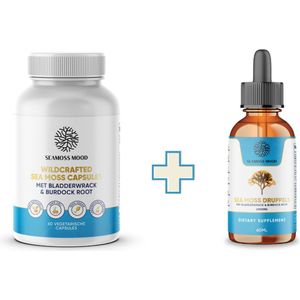 SeamossMood Irish Sea Moss Duo: 100% Natuurlijke Capsules & Ultra-sterke Druppels 3200mg - Verrijkt met Bladderwrack & Burdock Root
