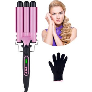 Jourz Wafeltang - 3 Stangen - Krultang Haar - Golvenkrultang - Beach Waves - Wave Krultang - Waver - Hair Curler - Curling Iron - Met Beschermingshandschoen - Zwart/Roze