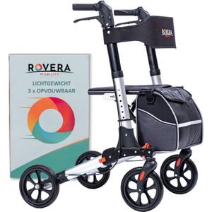 Rovera Mobility® DualFold Easy Rollator - Lichtgewicht - Stijlvol Zilver - Incl. Luxe Rollatortas en Gewatteerde Rugsteun en Zitting