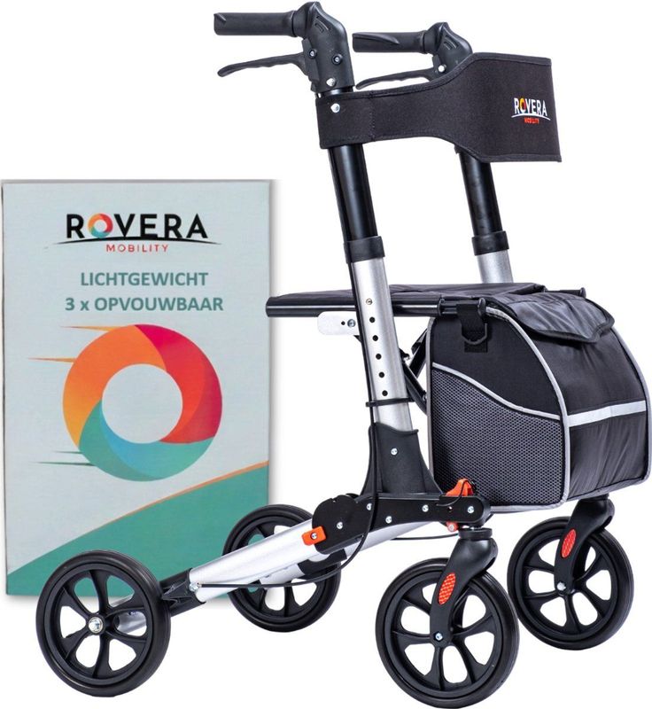 Rovera Mobility® DualFold Easy Rollator - Lichtgewicht - Stijlvol Zilver - Incl. Luxe Rollatortas en Gewatteerde Rugsteun en Zitting