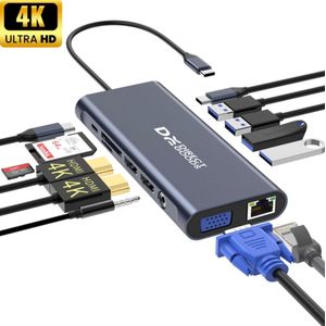DirectGoods - 13 in 1 USB C Hub - Docking Station - Spacegrey - 2x HDMI 4K - USB C 100W - RJ45 Gigabit - 1x VGA