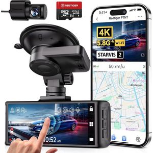 RedTiger F7NTouch - Dual Dashcam - Ultra 4K & 1080P - Voor en Achter Camera - 2025 model - Met Touchscreen - WiFi en GPS - 64GB SD Kaart