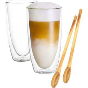 Swanza® Lofty Latte - Dubbelwandige Koffieglazen – Latte Macchiato Glazen – Theeglazen - Met Slanke Vorm - 350ML – 2 Stuks - Met 2 Olijfhouten Koffielepels
