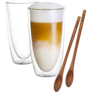 Swanza® Lofty Latte - Dubbelwandige Koffieglazen – Latte Macchiato Glazen – Theeglazen - Met Slanke Vorm - 350ML – 2 Stuks - Met 2 Acaciahouten Koffielepels