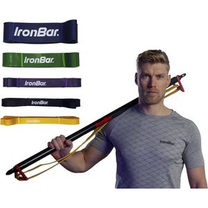 IronBar Training - Weerstandsbanden (Resistance Bands - max 220 kilo weerstand) Set van 5 stuks - Premium Kwaliteit elastiek - Ideaal voor thuis fitness, oefeningen fysio, revalidatie en bulk trainingen voor jezelf of als kado!!