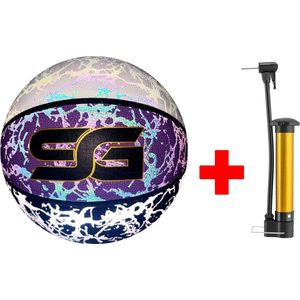 SPORTGLOW veilige en lichtgevende Basketbal + Multifunctionele ballenpomp – hoogwaardige kwaliteit - Reflecterend – Holografisch – Voor kinderen en volwassenen – Wit/Roze/Zwart/Blauw/Geel/Paars