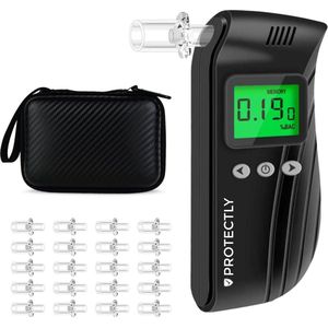 Protectly Digitale Alcoholtester – Alcoholtesters - Blaastest Alcohol – Alcoholmeter – Geschikt voor o.a. Nederland, Frankrijk en België – Inc. 20 Extra Mondstukjes - Oplaadbaar