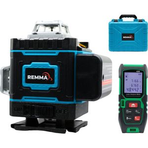 REMMA® Kruislijnlaser - met digitale afstandsmeter - Kruislijnlaser - Professionele Bouwlaser - 4D 16 lijnen Kruislijnlaser - Zelf nivellerend - 360° - Groen - Laser waterpas - Laserwaterpas - Lijnlaser - 2 accu’s - complete set - model 4D16F