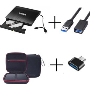 Solidix Externe DVD Speler - 3 in 1 pakket - Met Beschermhoes - Extra Kabel 1,5 Meter - Externe DVD Brander - CD/DVD speler - Voor Laptop en PC - Plug & Play