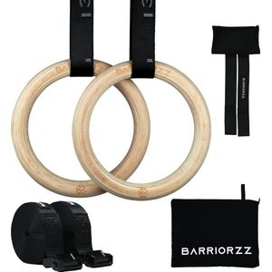 BARRIORZZ Athlete Ring Set - 300KG belastbaarheid - Turn Ringen - 28mm Houten Ringen - Gymnastiek - Calisthenics Streetlifting & Crossfit Ringen - Workout Rings - Gratis opbergtas en door anchor meegeleverd - Gymnastic Rings ook te gebruiken als TRX