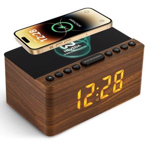 Neveda Digitale Wekkerradio - Draadloze Oplader - FM-radio - Bruin Hout