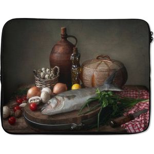 Laptophoes 17 inch - Rustiek - Vis - Stilleven - Groente - Kruiden - Laptop sleeve - Binnenmaat 42,5x30 cm - Zwarte achterkant