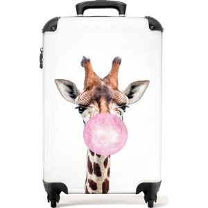 NoBoringSuitcases.com® Reiskoffer Trolley Handbagage Luggage Giraffe - Roze - Kauwgom - Dieren - Kinderen - 55x35x25cm