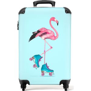 NoBoringSuitcases.com® Suitcase Cabin Luggage Reiskoffer Cabine Koffer Flamingo - Dieren - Rolschaatsen - Blauw - Roze - 55x35x25cm