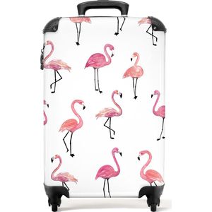 NoBoringSuitcases.com - Kinderkoffer wit - Past binnen 55x40x20 cm en 55x35x25 cm - Kleine handbagage reistrolley - Trolley op wieltjes roze flamingo - Suitcase cabin - Reiskoffer met wielen - Rolkoffer - Kindertrolley meisje - Witte koffer kinderen